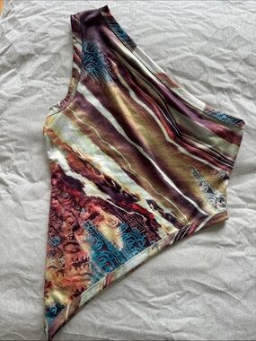 Amazon One-Shoulder Asymmetrical Tank Top in Brown, Teal, Red